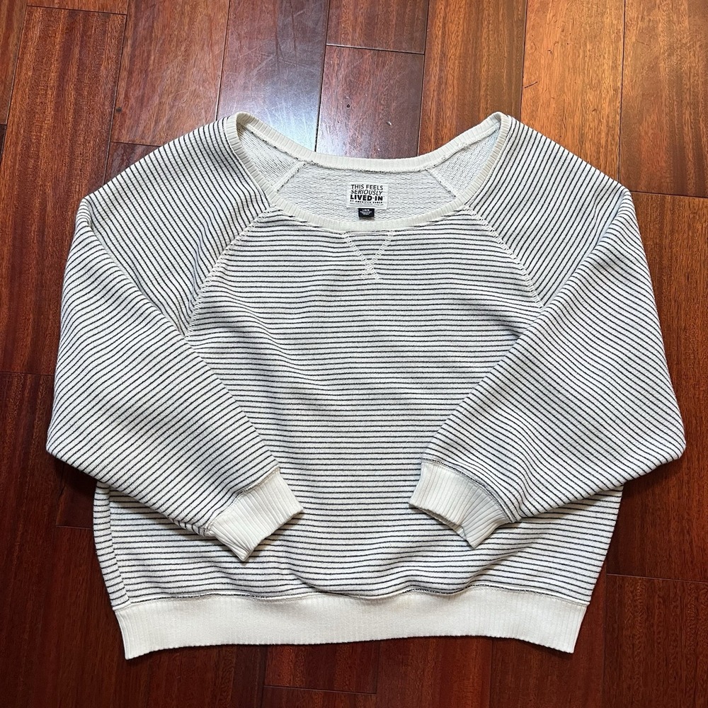 American Eagle This Feels Seriously Lived In Sweatshirt White Striped Womens L *